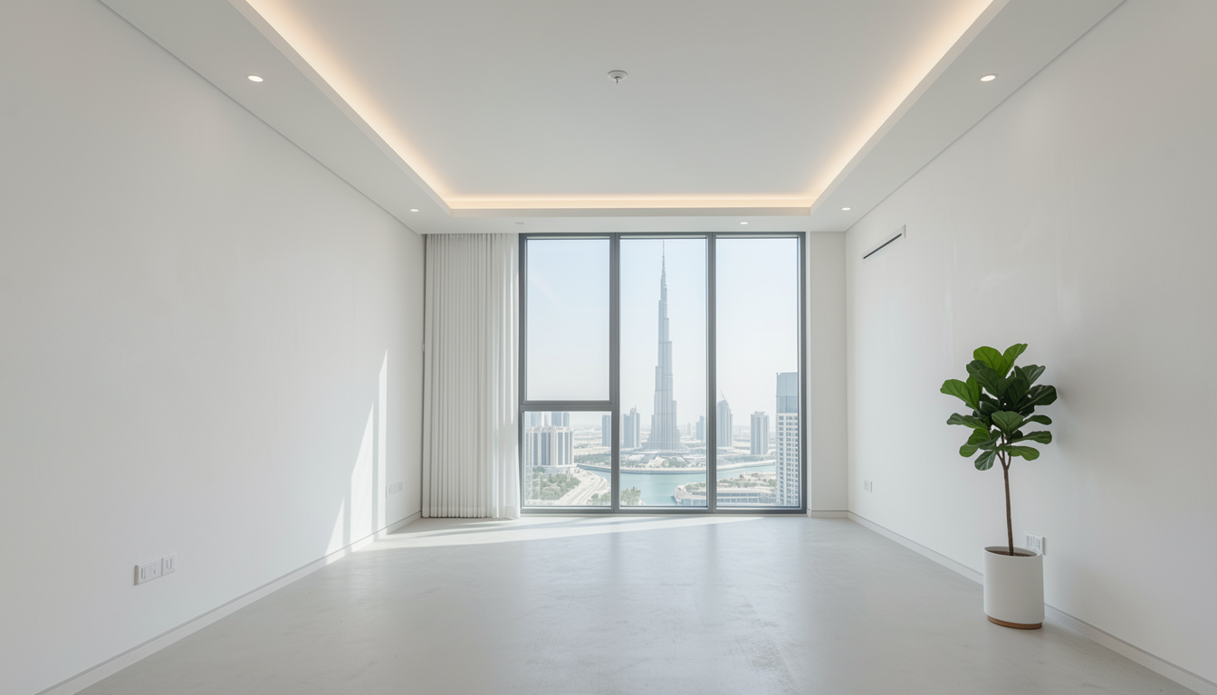 Modern apartment interior with gypsum board ceiling and Burj Khalifa view in Dubai