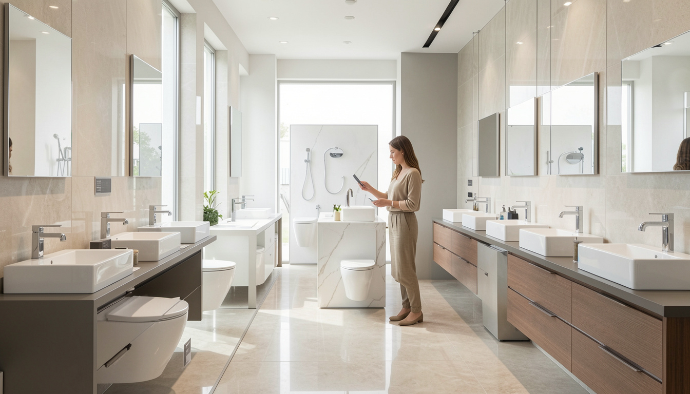 Woman browsing sinks and sanitary ware products in a modern showroom with faucets, toilets, and bathroom fittings on display.