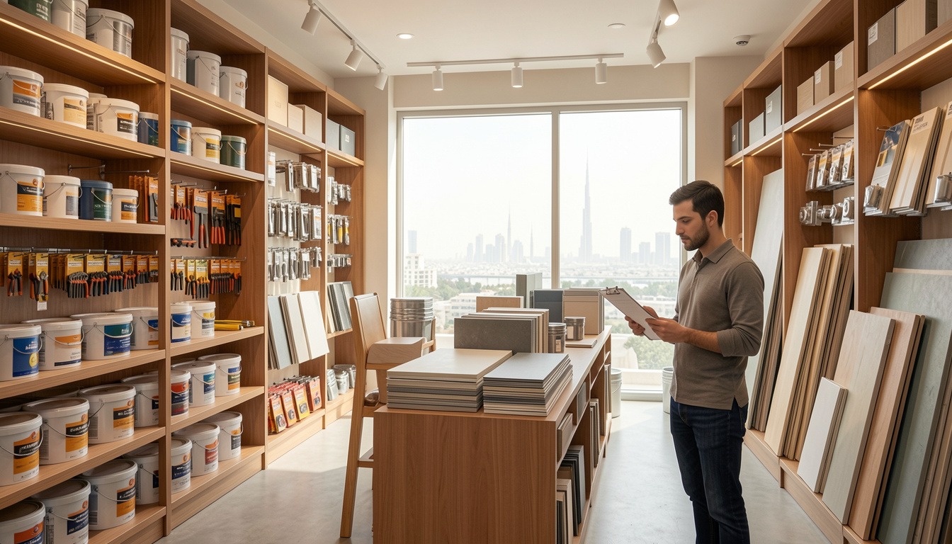 Interior of a modern building material shop in Dubai with shelves of paints, tools, plumbing supplies, and a contractor checking a checklist.