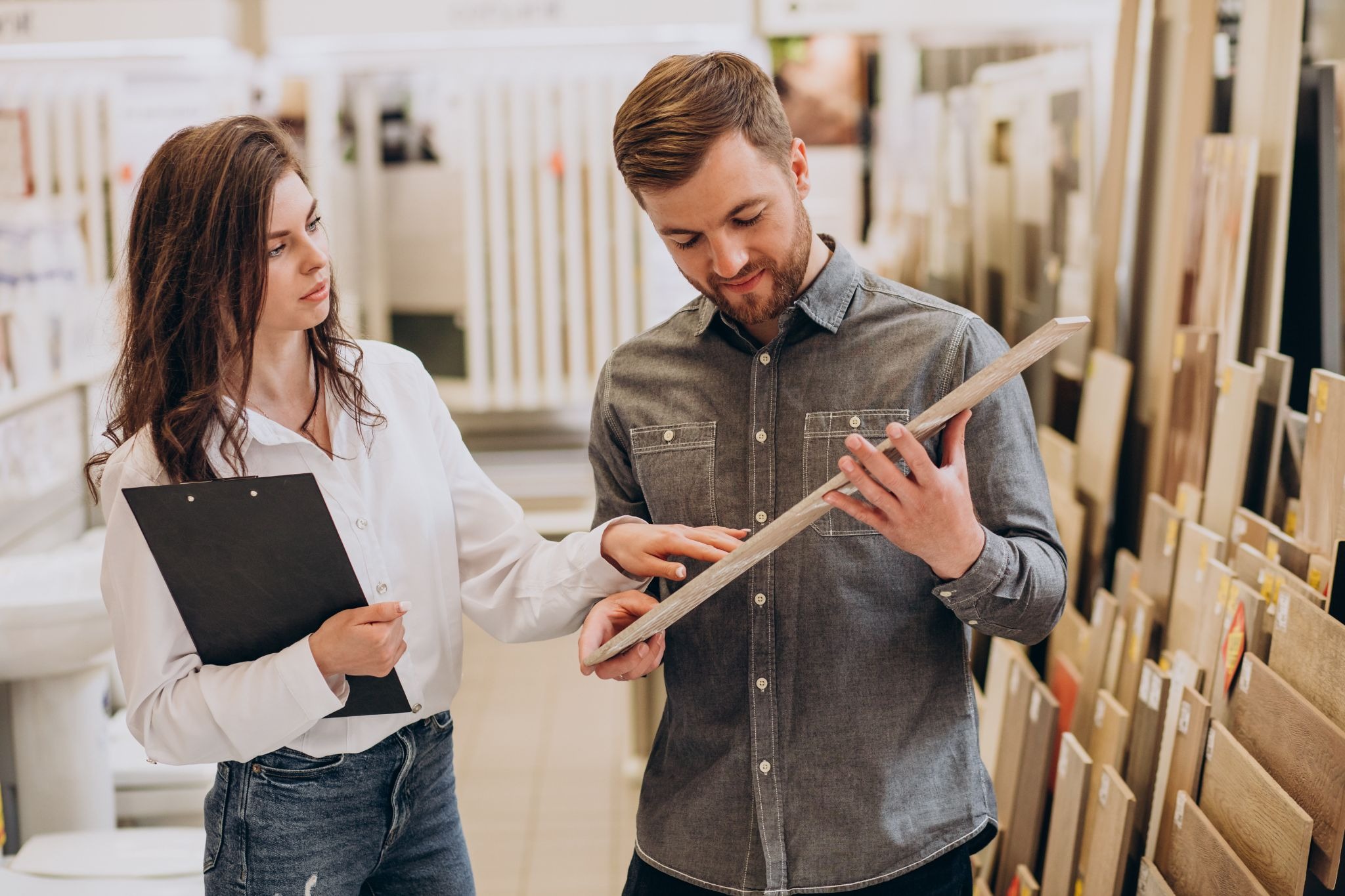 Customer and sales representative selecting tile samples at a building materials showroom in UAE